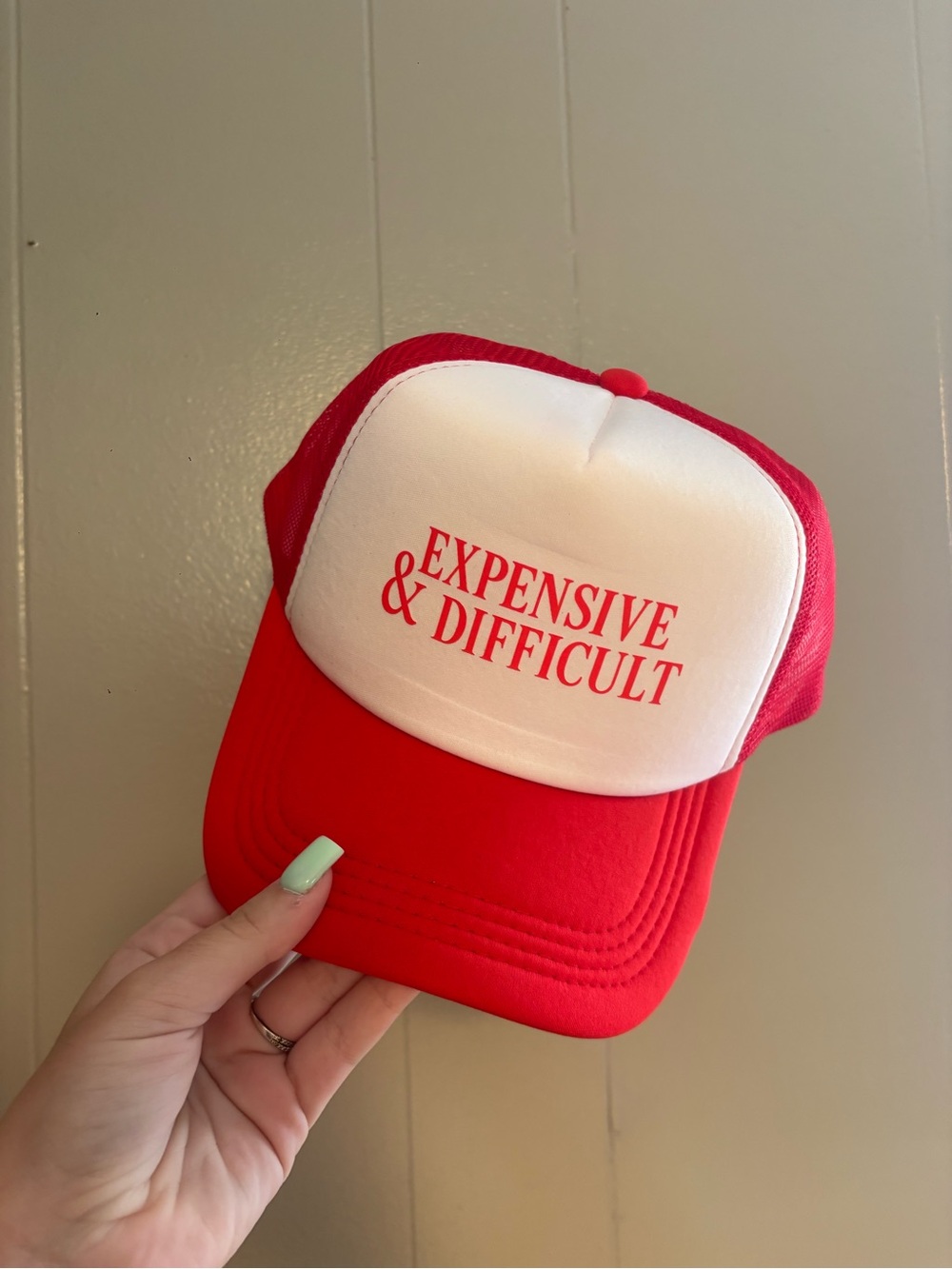 Expensive & Difficult Red and White Foam Trucker Hat